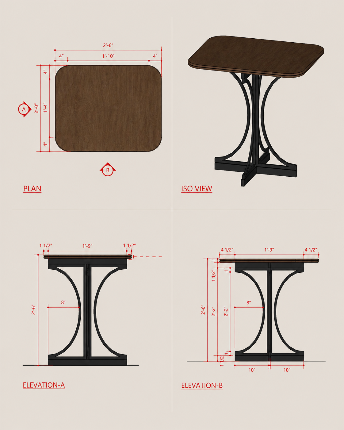 Rue Cafe technical table drawing showing the approved table design